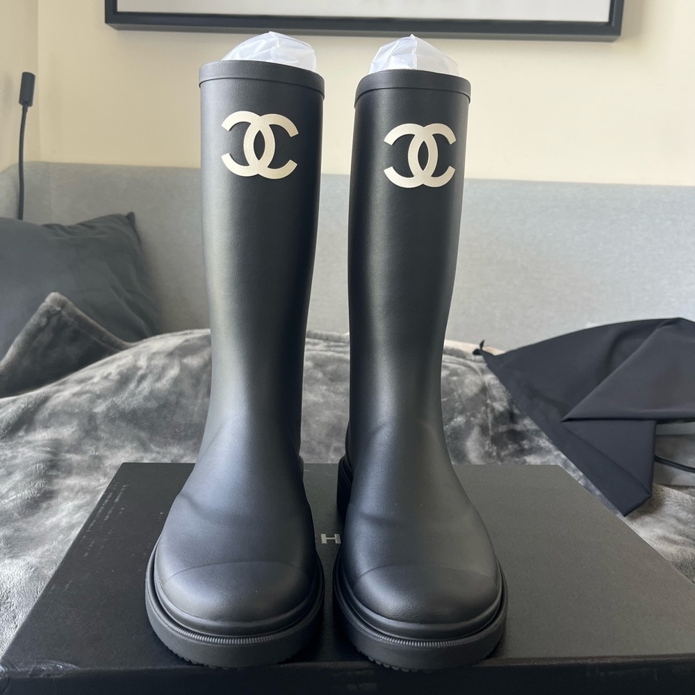 CHANEL Black Tall Rain Boots with White CC Logos